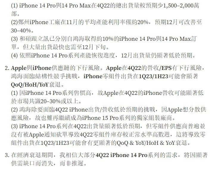 明錤：蘋果 iPhone 14 Pro 機型減產，鴻海難再繼續成為 15 Pro 機型獨家組裝廠商