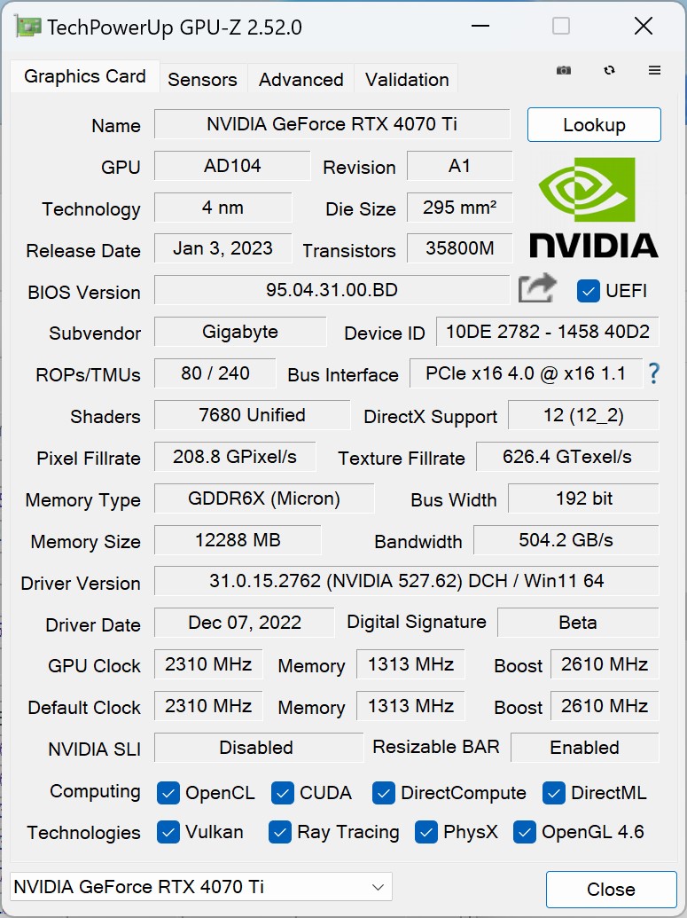 從GPU-Z可以看到GeForce RTX 4070 Ti採用與原本GeForce RTX 4080 12GB相同的AD104核心。