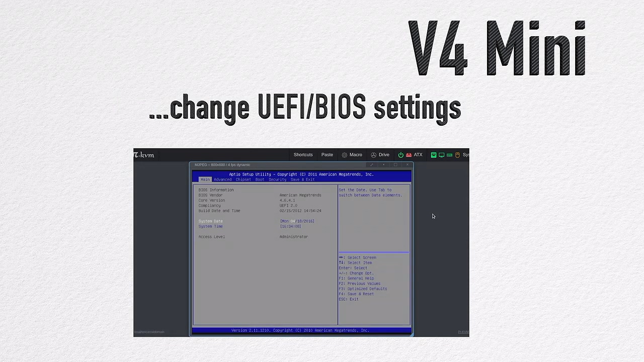 使用者可以在本地電腦遙控遠端電腦，由於PiKVM V4採用視訊擷取與USB鍵盤滑鼠模擬的方式，所以連UEFI/BIOS定、重灌系統都沒問題。