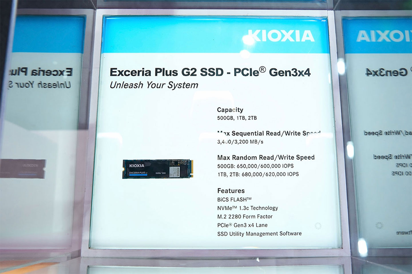 現場展出的 EXCEREIA PLUS G2 SSD 提供 PCIe Gen3 級的高效能，非常適合遊戲玩家與硬派電競用戶裝機使用。