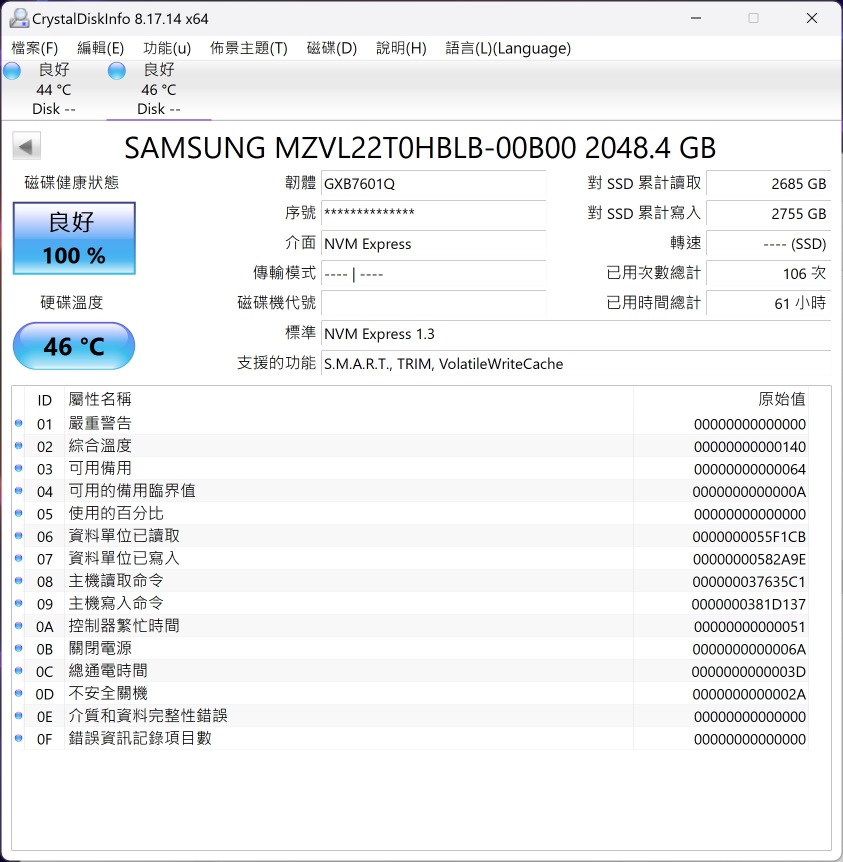 固態硬碟的型號為Samsung MZVL22T0HBLB-00B00。