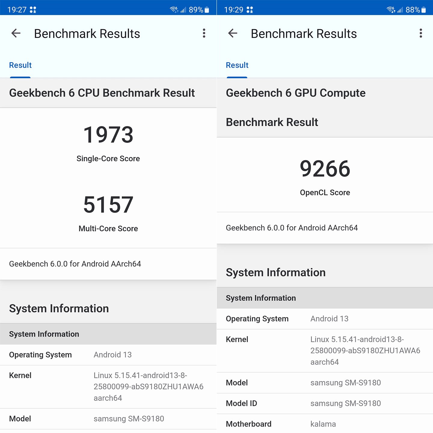 Galaxy S23 Ultra 透過 Geekbench 6 的跑分，處理器（圖左）單核獲得 1973 分，多核獲得 5157 分；GPU 的 OpenCL 運算獲得 9266 分（圖右）。
