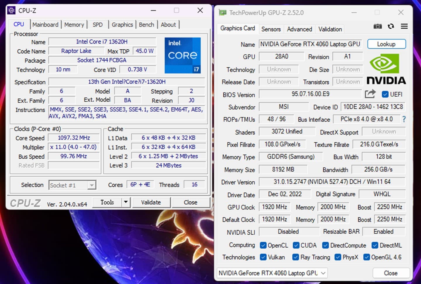 次受測的 Katana 17 載第 13 代 Intel Core i7-13620H 處理器與 NVIDIA GeForce RTX 4060 記型電腦 GPU 的全新組合。