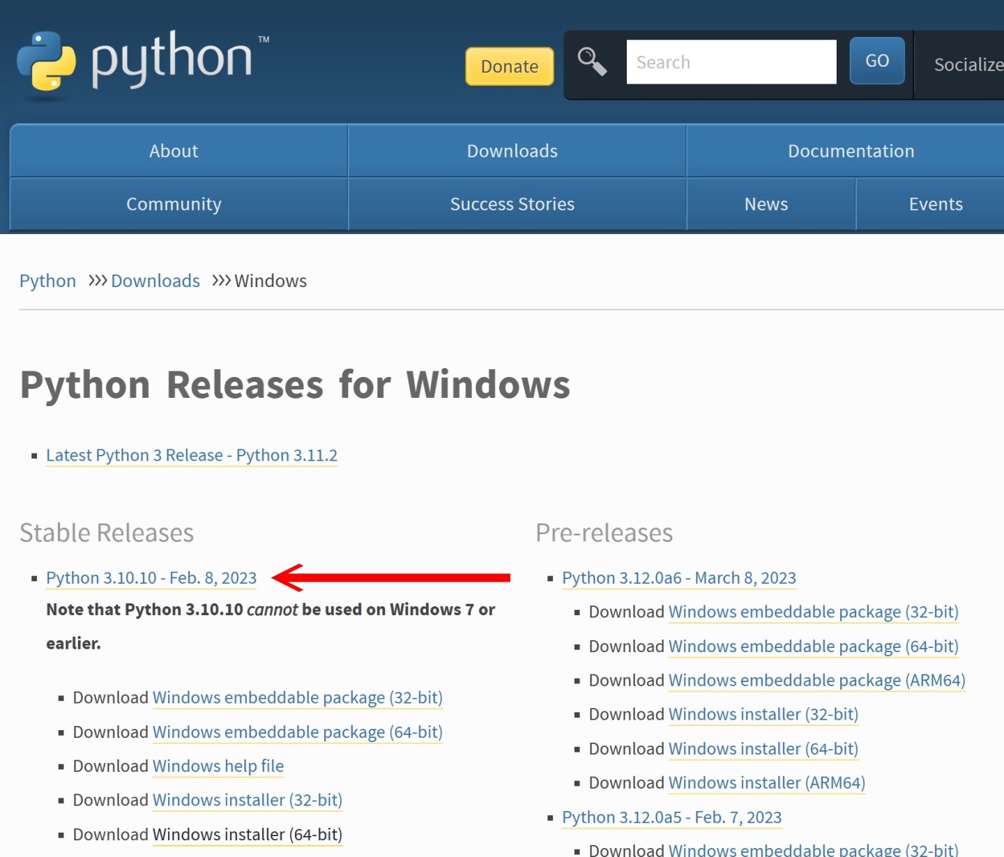 下載Python時注意需要選擇3.10版，撰稿時對應的版本為3.10.10。進入下載網頁時先選擇Python 3.10.10。