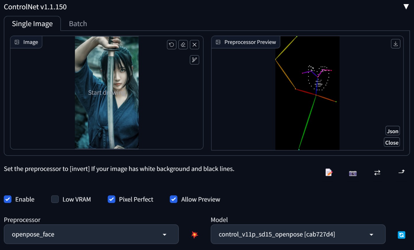 使用OpenPose模型處理參考圖片，可以看到右半邊欄位的預覽圖並無法準確辨識骨架。