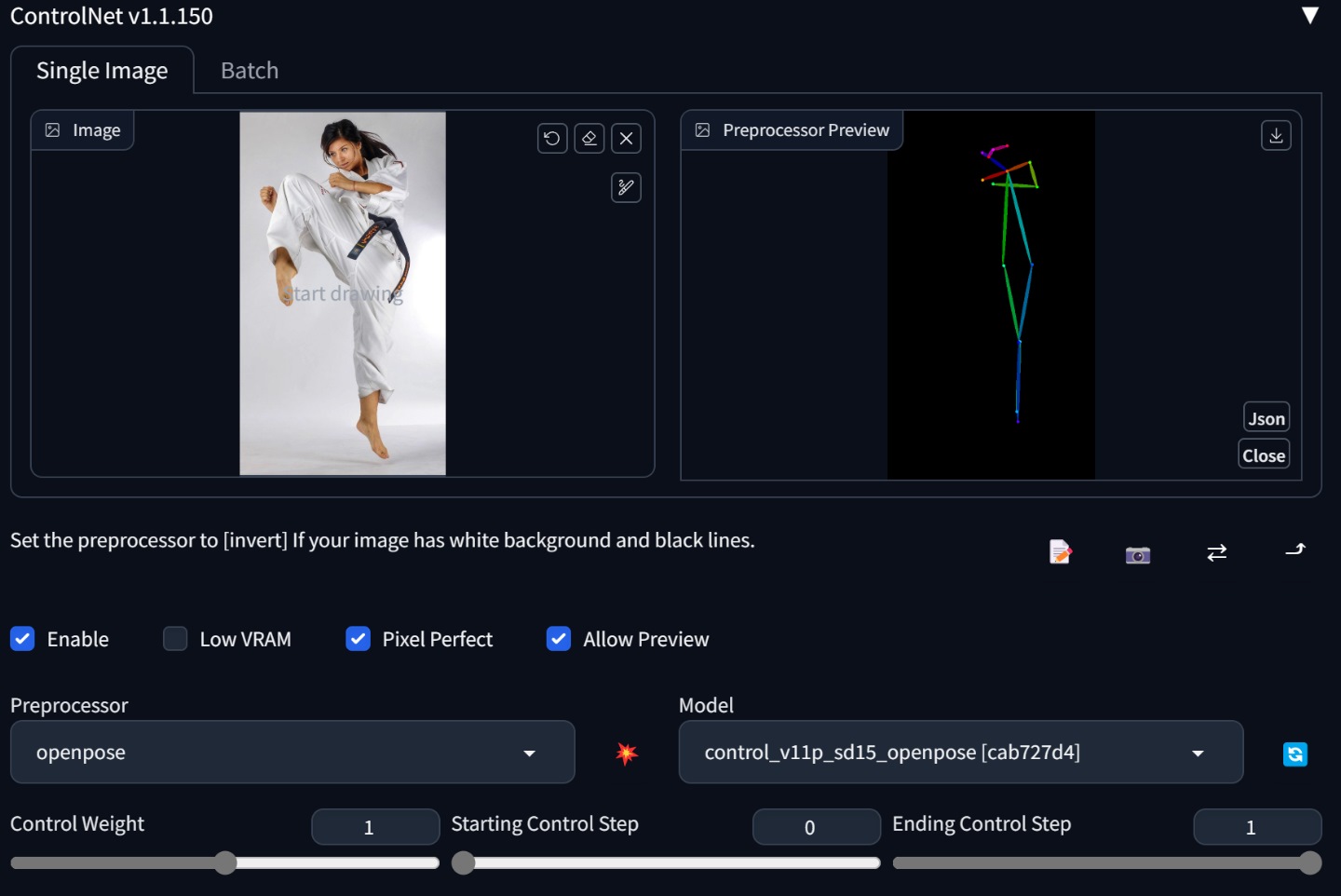 換至另一組參考圖片，OpenPose模型一樣無法正確辨識骨架。