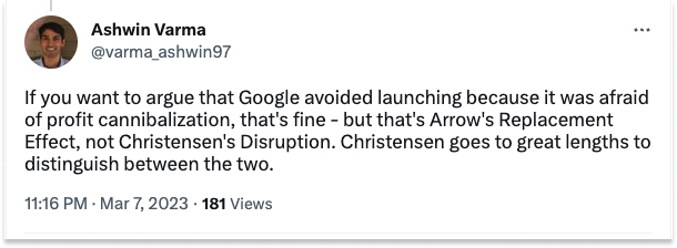 Google不願推出新東西是因為阿羅替代效應，而不是顛覆性創新