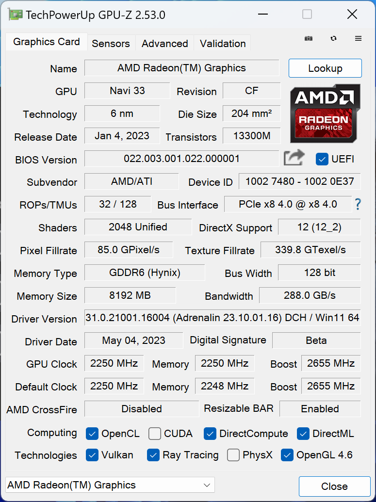 Radeon RX 7600於GPU-Z顯示的資訊。