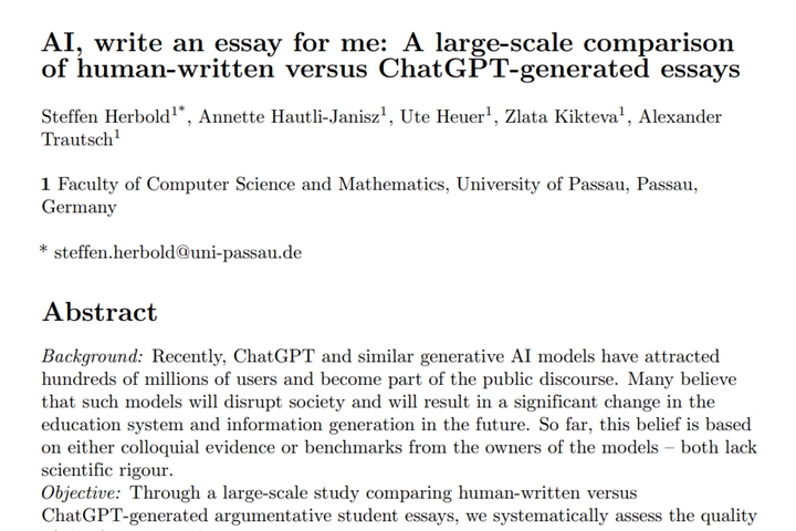 論文題目：AI, write an essay for me: A large-scale comparison of human-written versus ChatGPT-generated essays
