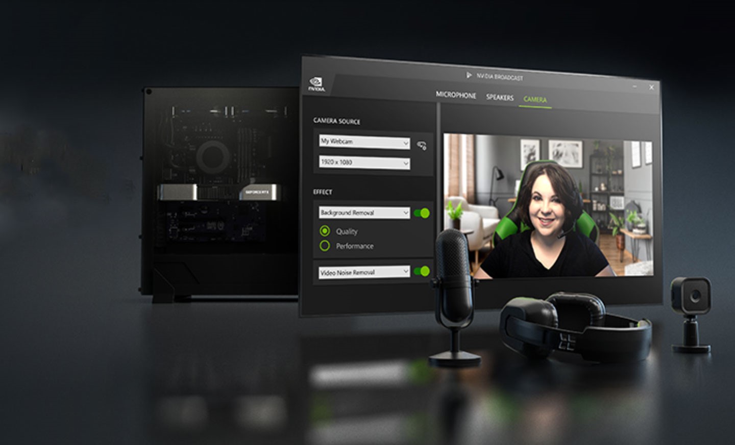 NVIDIA Broadcast 提供一系列視訊、音訊強化技術，可即時套用在視訊會或直之。