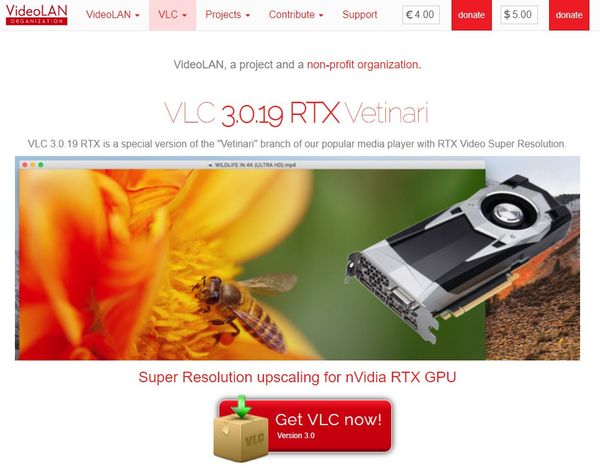 除了透過網頁瀏覽器使用外，NVIDIA 還開發了支援 RTX VSR 的特別版 VLC 放器，換句話說，電腦上的離線影片也可以得到畫質增強。