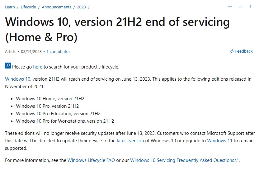 Windows10 版本21H2 式終服務，舊用戶最近可能開始要接收強制更新