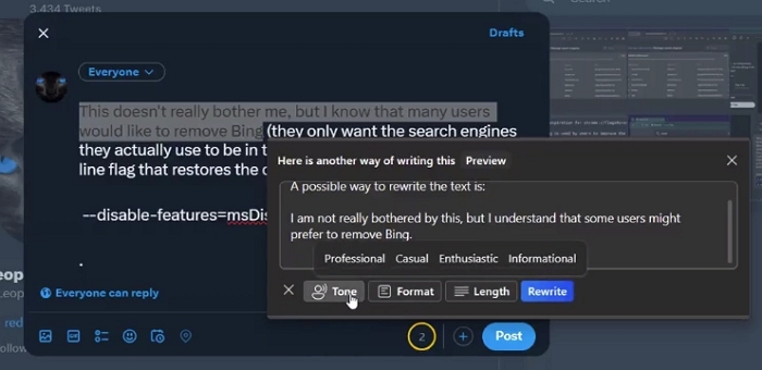 Edge瀏覽器將有新功能：直接選擇一段文，然後打開 Bing AI 要他幫你重寫