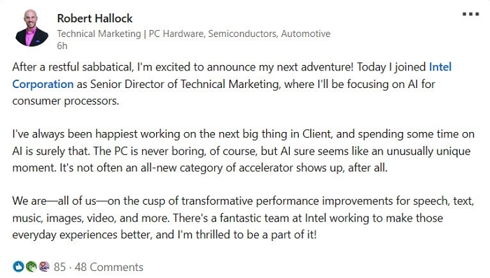 AMD的技術行銷總監Robert Hallock離職，一年後在Intel現身成「資深技術行銷總監」