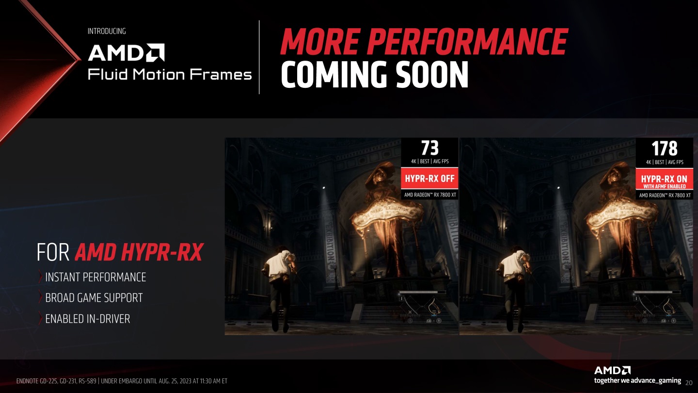 另一方面，Radeon RX 7000系列顯示卡還能在AMD Software Adrenalin Edition強制為所有DirectX11 / 12的遊戲開啟Fluid Motion Frames功能。