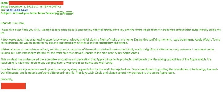 台灣使用者寄信向 Tim Cook 蘋果團隊表達感謝，Apple Watch 跌倒偵測救了他