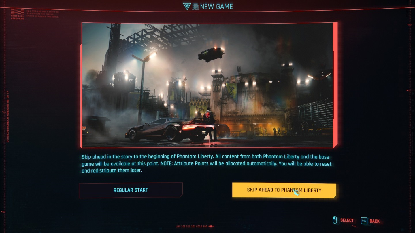 玩家購入《電叛客2077：自由幻局》資料片後，可以選擇接續先前檔，或從開始玩。而從開始還可以直接跳至自由幻局的章節。