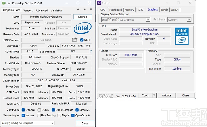利用 GPU-Z 及 CPU-Z 來檢視，內顯為 Intel Iris Xᵉ 晶片。