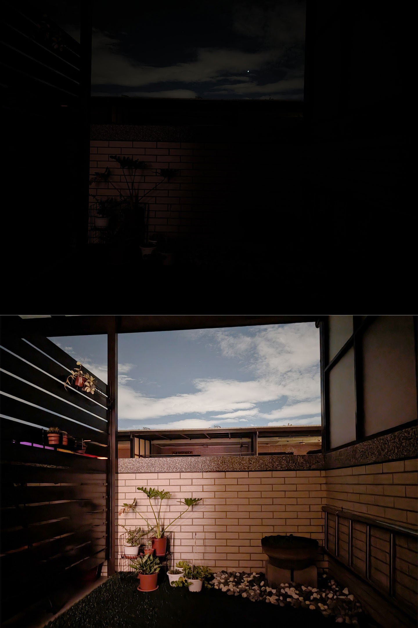 另一個完全無光的陽台場景，從關閉夜視（上）與開啟夜視（下）的拍攝效果也能發現極大的差異，就好像場景有額外打光一樣。