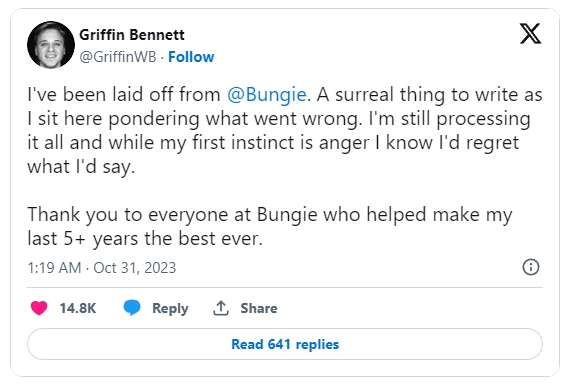 去年SIE才以 36 億美元收購Bungie ，現《天命2》銷量不佳裁百名員工，包括社群經理、計師、遊戲作曲家