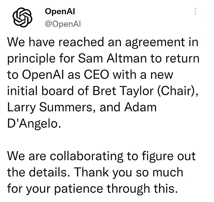 OpenAI宮鬥結束，官方表示已經與Altman達成協回任CEO、董事會成員改組