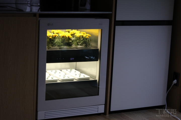 室內配備有 LG 室內時蔬植栽器，採用先進光照、溫度以及供水控制系統，可以在家種出綠色蔬菜。