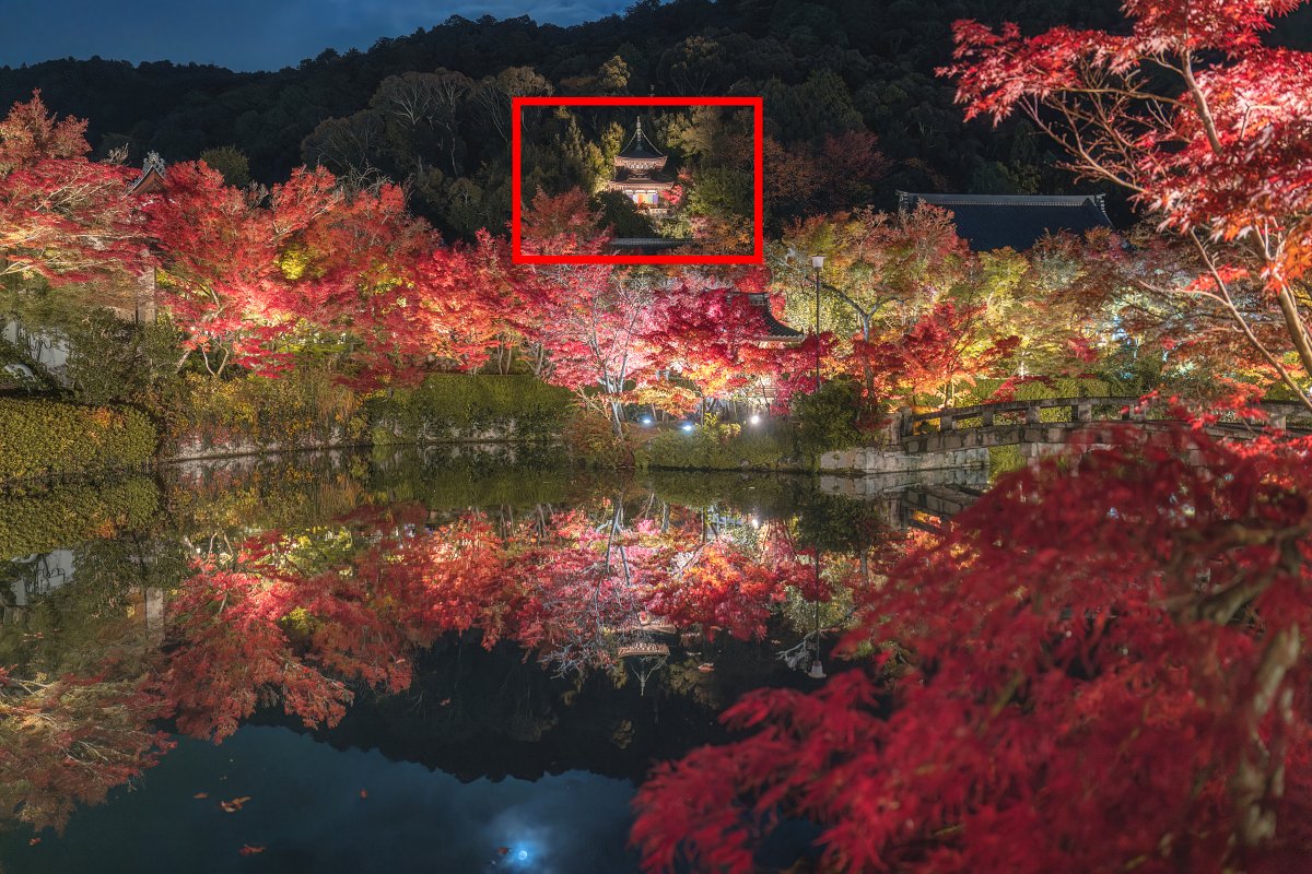 適逢秋，日本各大賞楓景點都擠滿一睹楓紅的遊客，許多寺廟遊人如織，要拍攝夜楓只能開啟 SteadyShot 功能並拉高 ISO 感光度拼成功率。而 α7C R 無論是防手震或高 ISO 影像畫質的表現都相當出色，在低光源的場景也能夠輕鬆手持拍到滿意的作品。（Sony α7C R + SEL1635GM2，24mm、F2.8、1/13s、ISO 1600）（看大圖）