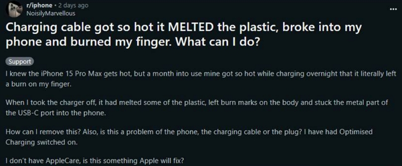 iPhone 15 Pro Max用非官方認USB-C線來充電，結果機身過熱連接埠竟直接燒壞