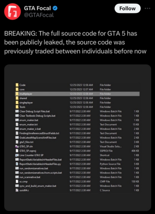 《俠盜獵車手 GTA 5》原始碼在論壇上完整免費流出，原因可能是「買家內訌」