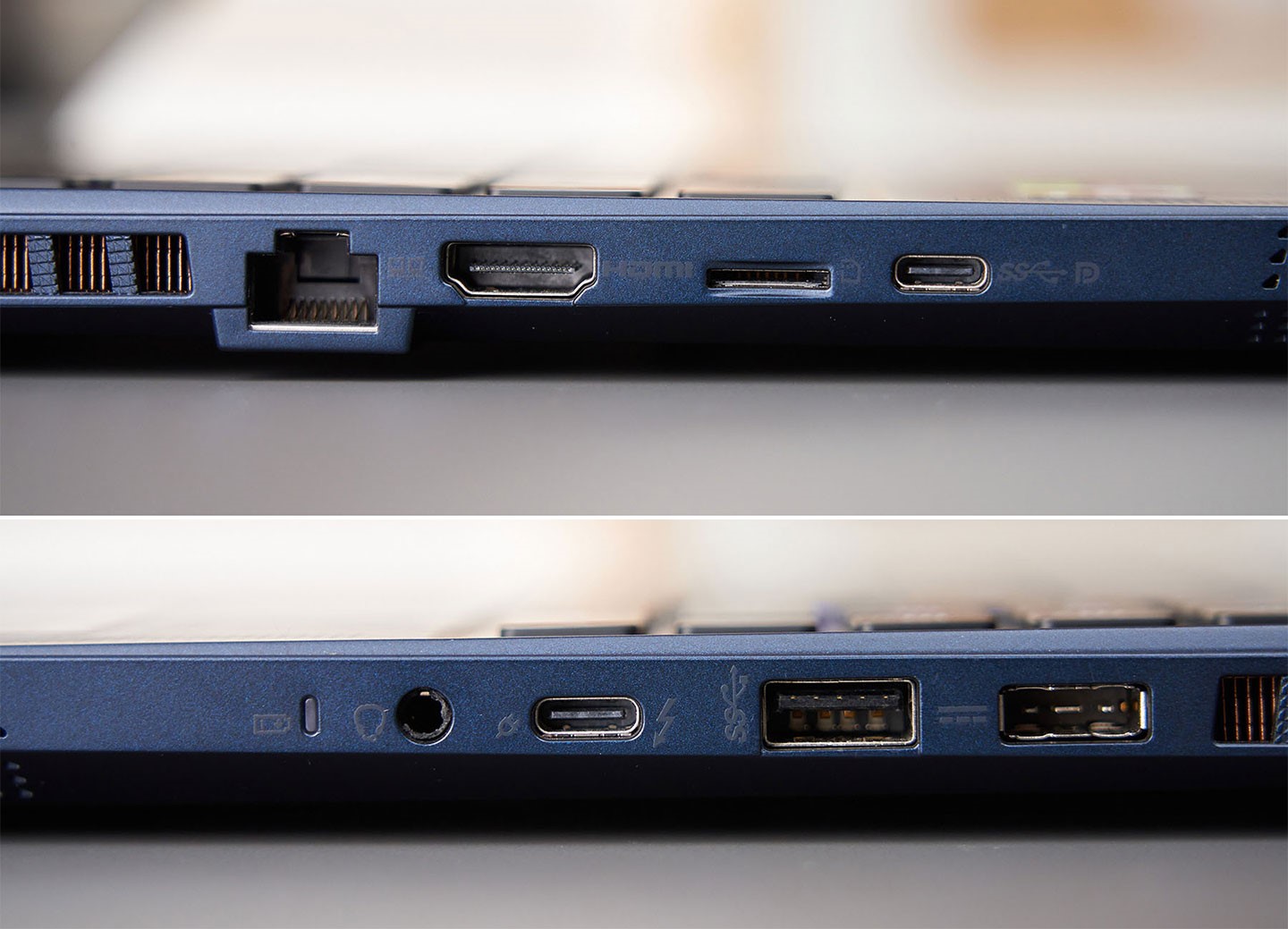 機身左側（圖上）配置了 2.5 GbE 的 RJ-45 網路接口、HDMI 2.1 埠、micro SD 讀卡槽、支援 DP 視訊輸出的 USB 3.2 Gen2 C 埠；機身右側（圖下）則配置了 3.5 mm 的耳機/麥克風接口、高速多功能的 Thunderbolt 4 接口、USB 3.2 Gen1 A 埠與方型電源接口。