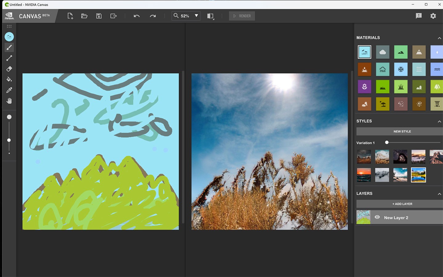 NVIDIA Canvas 可以利用簡單的畫面塗鴉自動生成擬真的風景照片。
