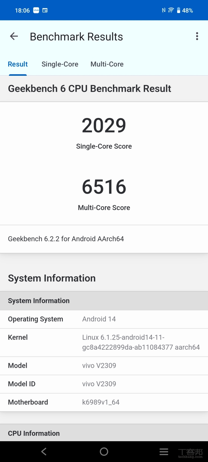 Geekbench 6 測試 CPU 表現，得到單核 2,029、多核 6,516 分的成績。