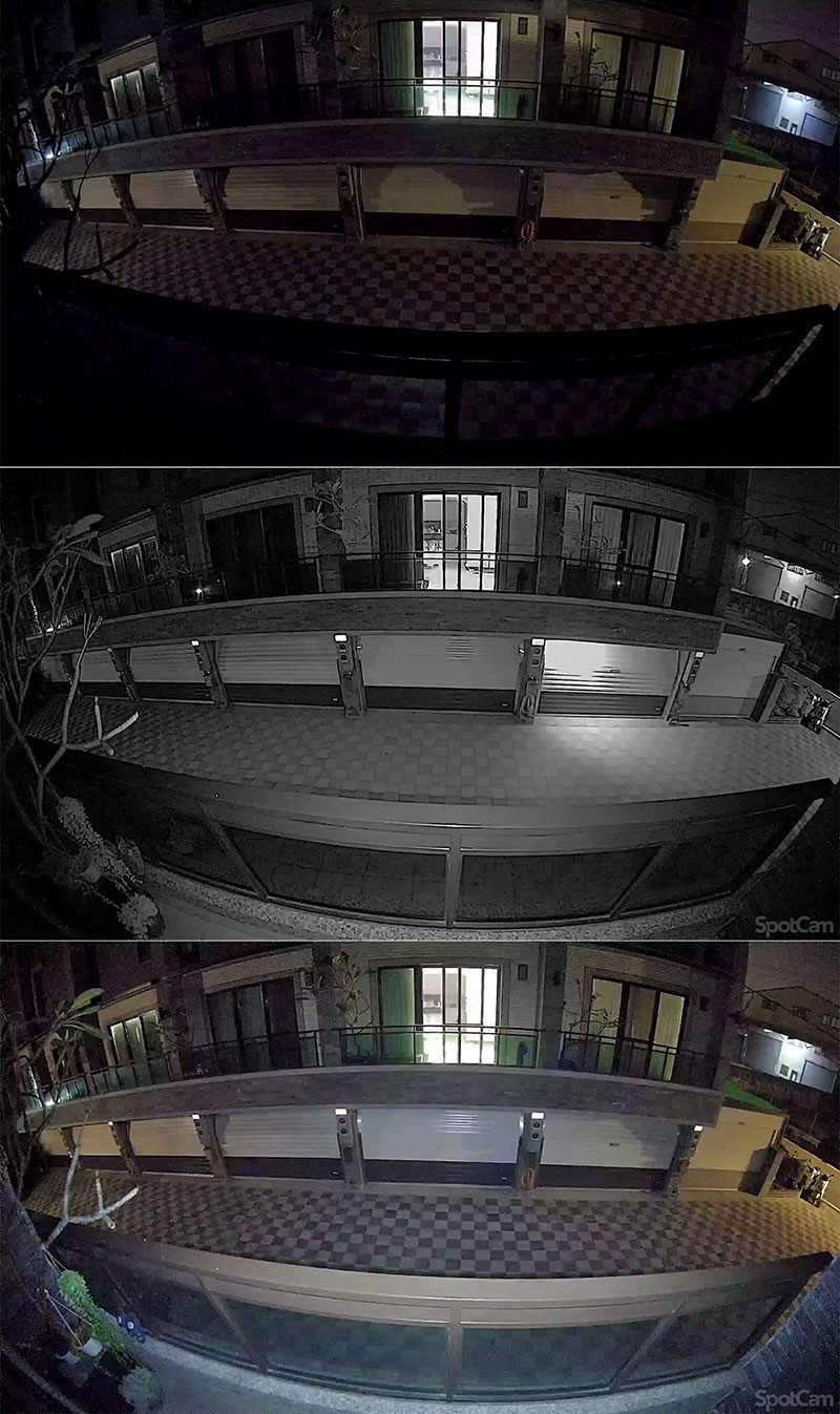 上圖為室外場景下，關閉夜間模式（圖上）、開啟紅外線攝影的夜間模式（圖）和開啟聚光燈的全彩模式（圖下）的畫面比較，可以看到可清晰拍攝的範圍不小。