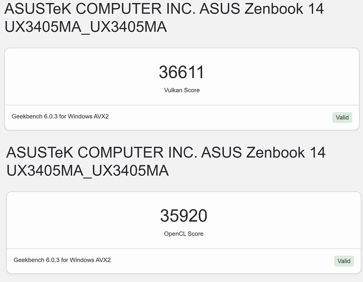 利用 Geekbench 6 進行 Intel Arc Graphics 顯示晶片進行測試，在 OpenCL 測試獲得的分數為 35,920 分；在 Vulkan 測試獲得的分數為 36,611 分。