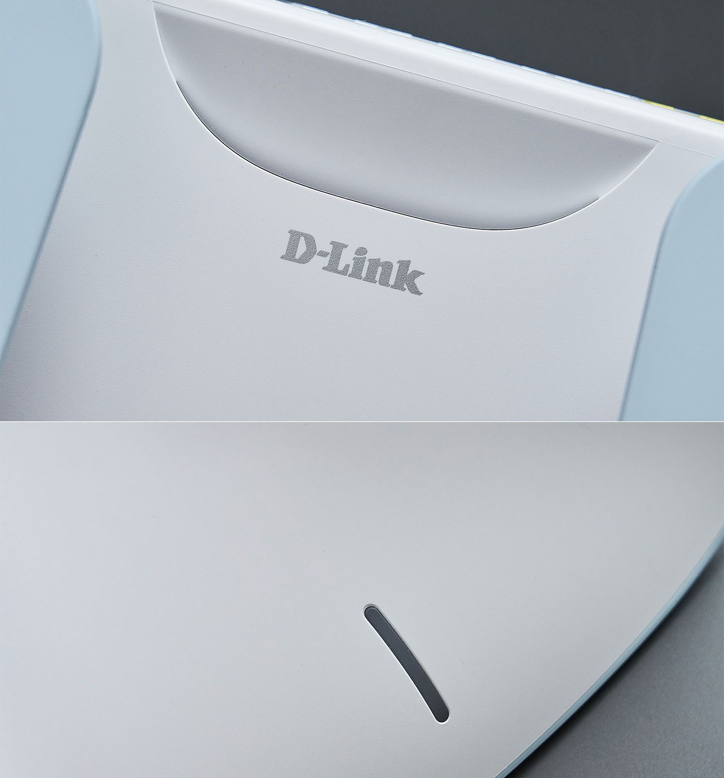 機身上緣處有一道類似微笑曲線的散熱微開口，配 D-Link Logo 看起來相當有質感，下方則簡單規劃了縱向線條造型的指示燈，很好的呈現了何謂簡約美計。