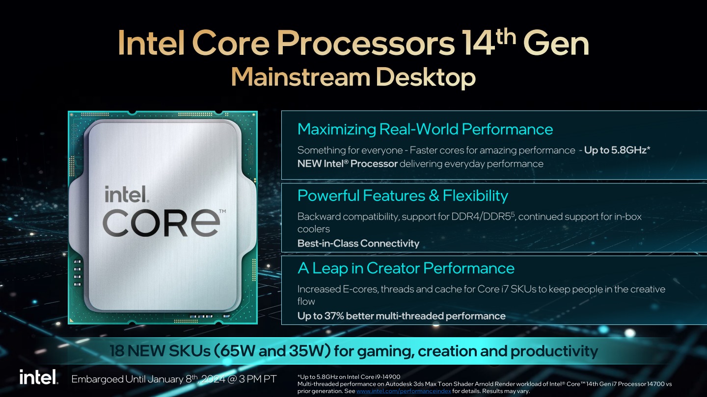 這次Intel在CES總共發表18款TPD為65 W與35 W的處理器，都具有相容於DDR4與DDR5記憶體的彈性。