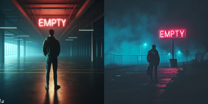 範例二 prompt：A man standing alone in a dark empty area, staring at a neon sign that says "EMPTY"