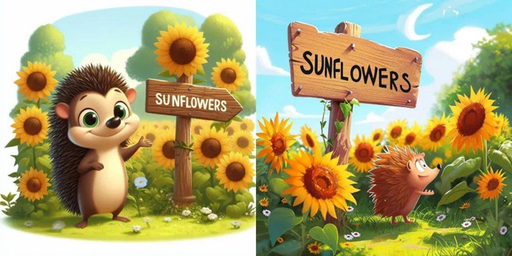 範例五 prompt：A pixar style illustration of a happy hedgehog, standing beside a wooden signboard saying "SUNFLOWERS", in a meadow surrounded by blooming sunflowers