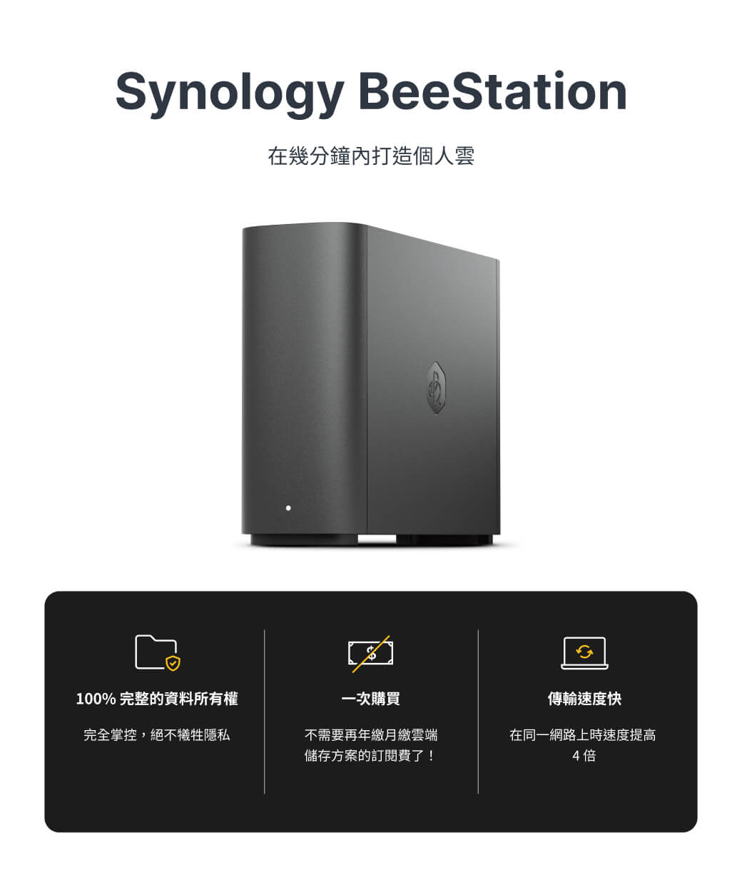 Synology 推出史上最簡單的個人私人雲 BeeStation，省去 NAS 架設知識 & 時間成本，也比訂閱 iCloud、Google Drive 還划算。