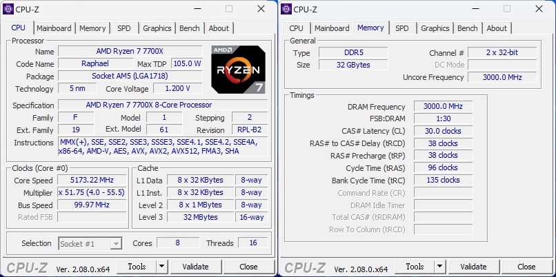 測試平台CPU-Z所顯示的處理器與記憶體資訊。