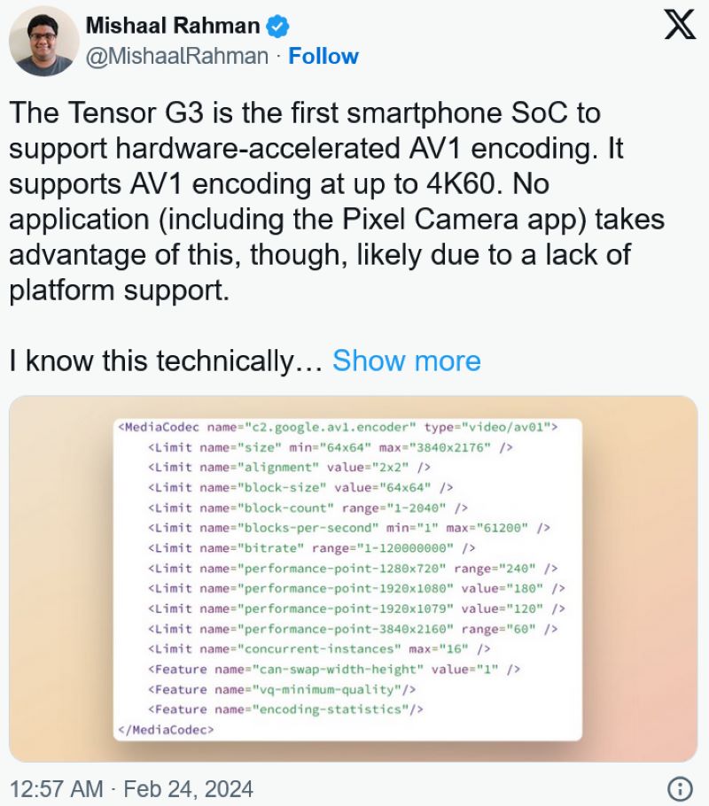 Google Tensor G3是唯一支援4K 60FPS 硬體加速 AV1 編碼的手機處理器，但卻沒有做出軟體支援它