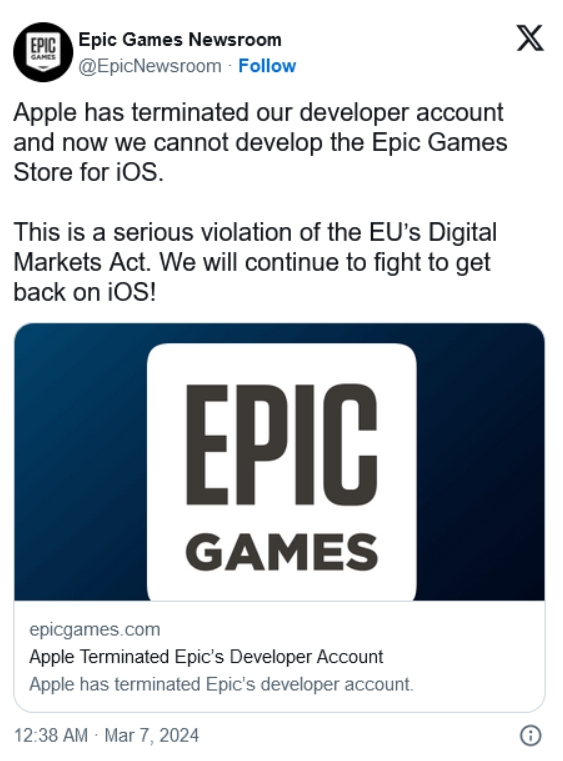 蘋果再次關閉Epic Games的盟區域開發者帳戶，稱其威脅iOS生態系統「完全不可信」