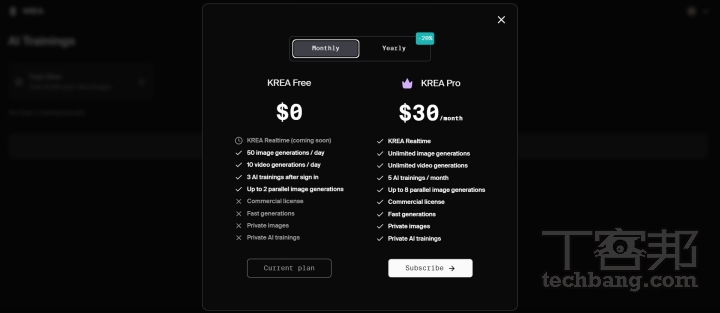 目前 Krea AI 有免費版及需要付費的 Pro 版，而大部分的功能免費版都有提供，且使用額度是每日更新。