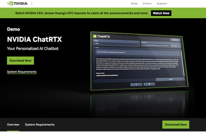 NVIDIA 聊天機器人「ChatRTX」目前可免費下載體驗，只要至官網下載 Chat RTX 安裝程式即可，不過僅限於指定 NVIDIA 顯示卡用戶，且檔案約 35GB，也建安裝的電腦具備 16GB 記憶體，至少 8GB VRAM。