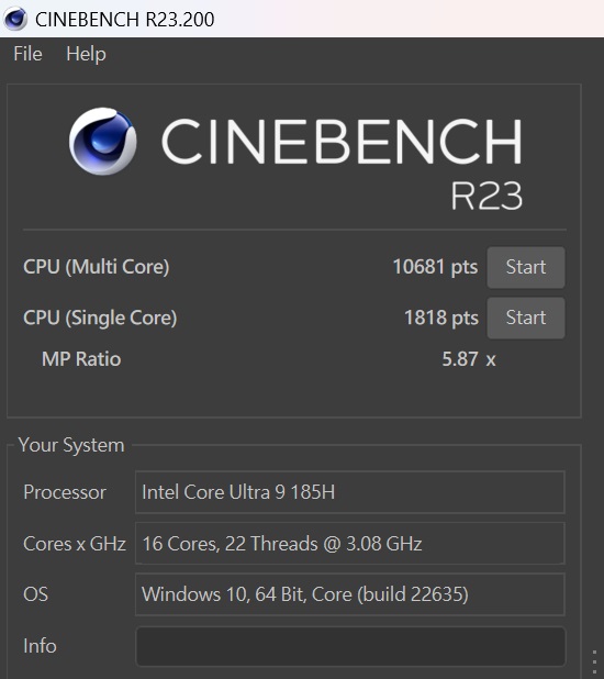於 CINEBENCH R23 測試，CPU 多核心為 10,681 pts，單核心為 1,818pts，多、單核心的效能差距倍數為5.87x。
