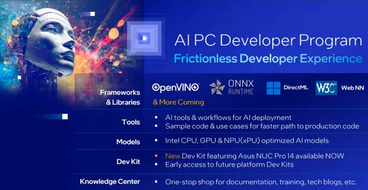 Intel提供支援OpenVINO、ONNX、DirectML、Web NN等運算框架的開發工具。