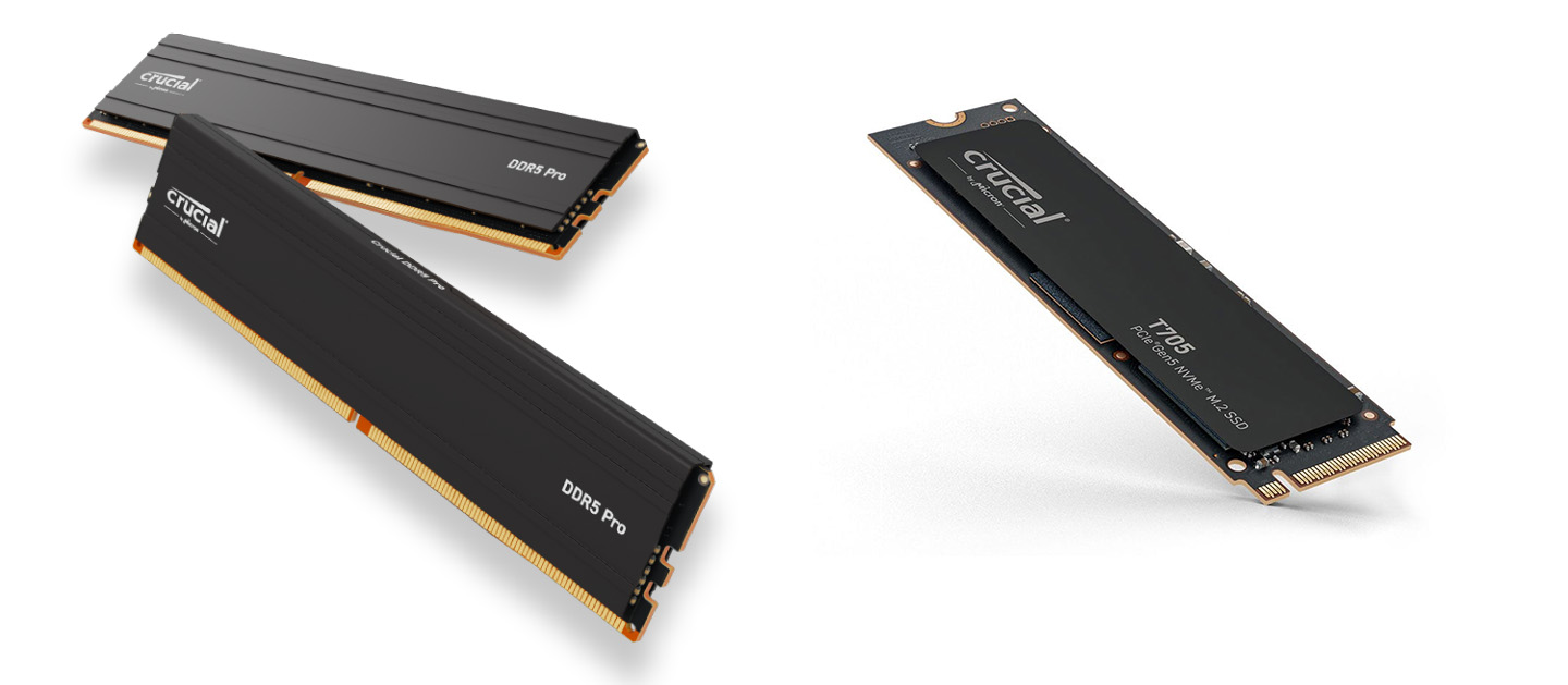 Crucial Pro DDR5-6000 16GB 記憶體 (左)；Crucial T705 1TB PCIe Gen5 NVMe M.2 SSD (右)