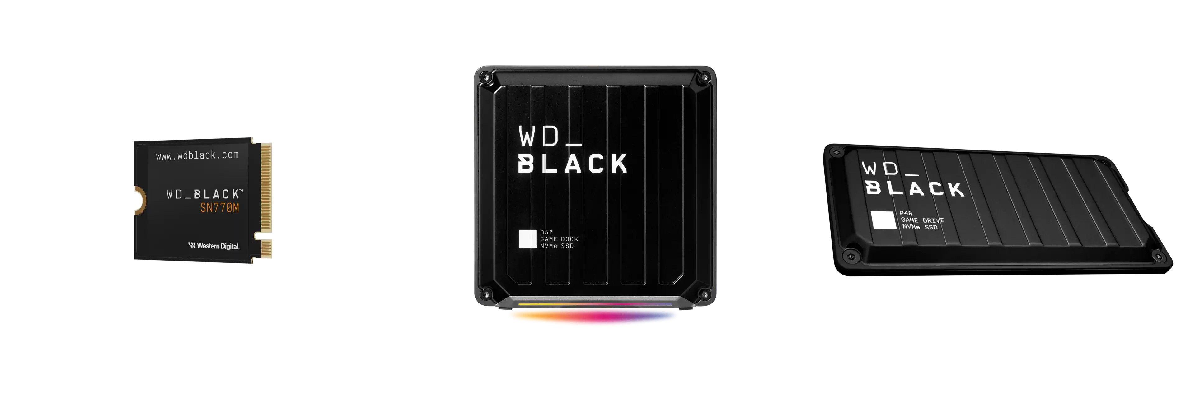 貳獎：WD_BLACK SN770M NVMe SSD（左）、壹獎：WD_BLACK D50 Game Dock NVMe SSD（中）、参獎：WD_BLACK P40 Game Drive SSD（右）