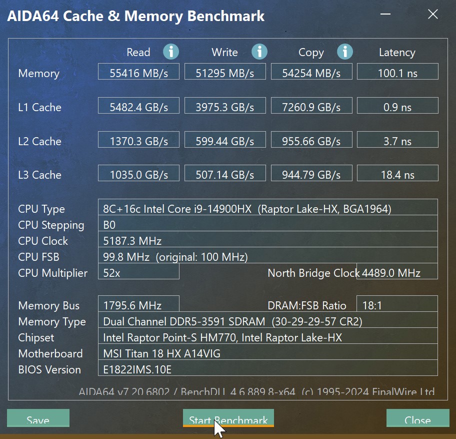 AIDA64 的記憶體測試，讀寫都有接近 50GB/s 以上的成績。