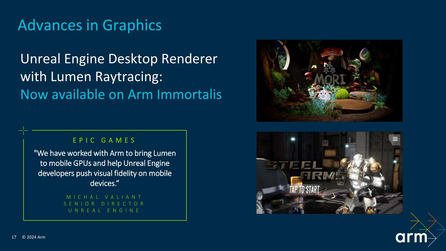 Arm與Epic Games合作移植Unreal Engine遊戲引擎的桌面渲染器與Lumen光線追蹤全域照明與反射系統至Immortalis繪圖處理器，讓手機也能享受如遊戲主機般的畫面效果。